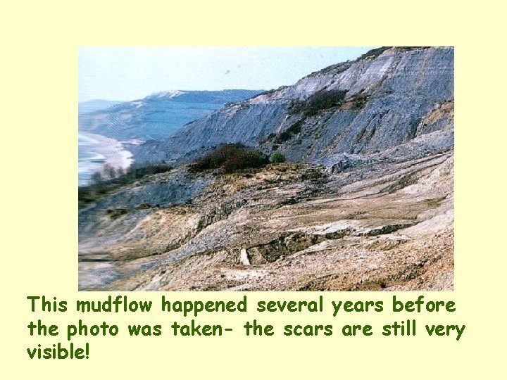 This mudflow happened several years before the photo was taken- the scars are still