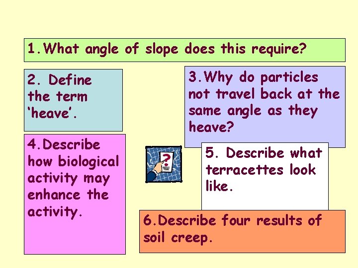 1. What angle of slope does this require? 2. Define the term ‘heave’. 4.