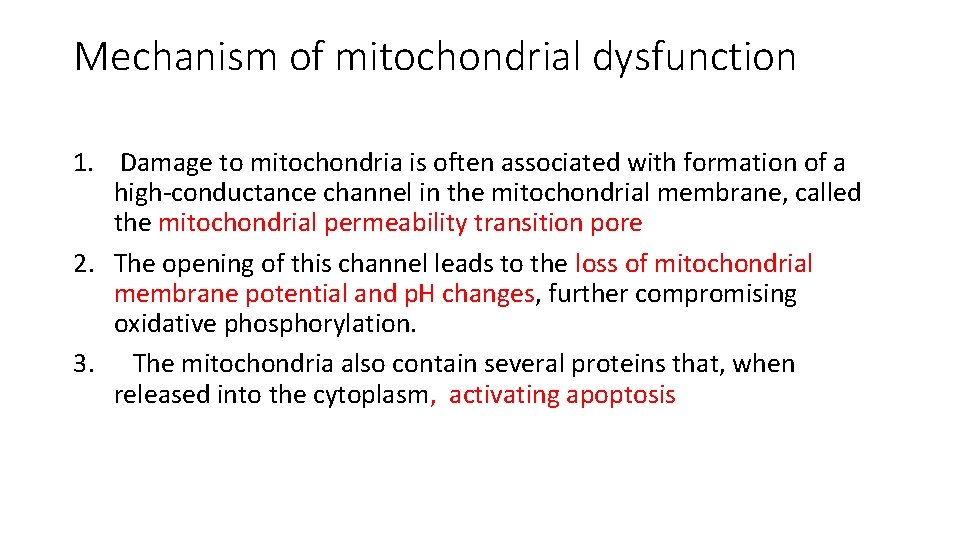 Mechanism of mitochondrial dysfunction 1. Damage to mitochondria is often associated with formation of