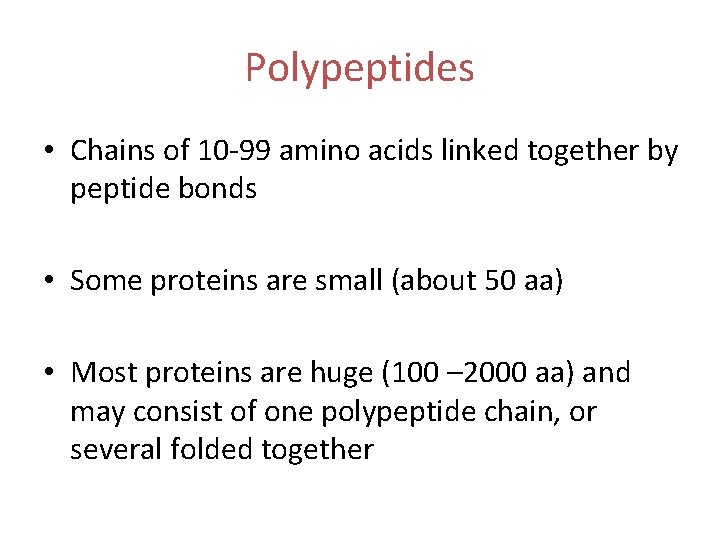 Polypeptides • Chains of 10 -99 amino acids linked together by peptide bonds •