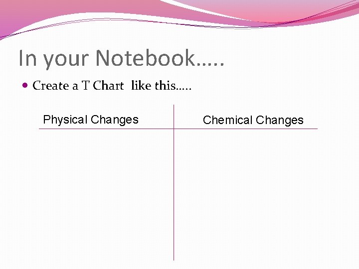 In your Notebook…. . Create a T Chart like this…. . Physical Changes Chemical