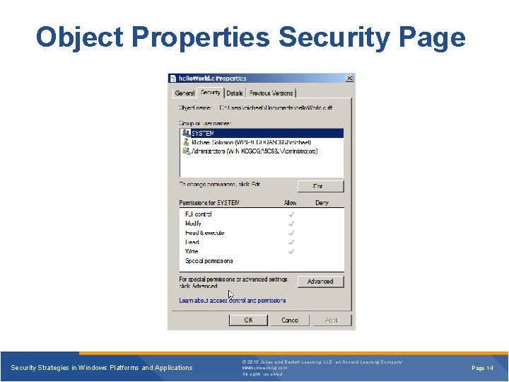 Object Properties Security Page Security Strategies in Windows Platforms and Applications © 2015 Jones