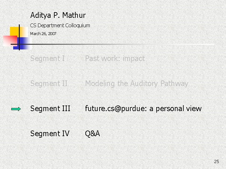 Aditya P. Mathur CS Department Colloquium March 26, 2007 Segment I Past work: impact