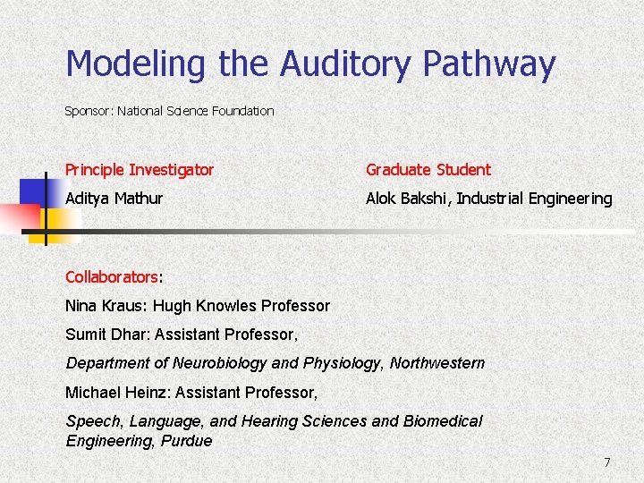 Modeling the Auditory Pathway Sponsor: National Science Foundation Principle Investigator Graduate Student Aditya Mathur