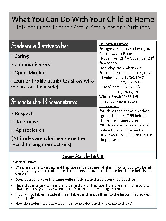 What You Can Do With Your Child at Home Talk about the Learner Profile