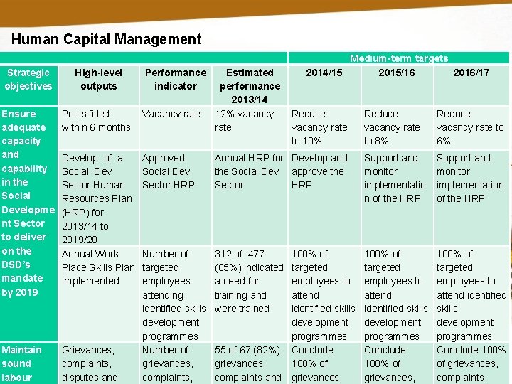 Human Capital Management Strategic objectives High-level outputs Performance indicator Ensure adequate capacity and capability Human Capital Management Strategic objectives High-level outputs Performance indicator Ensure adequate capacity and capability