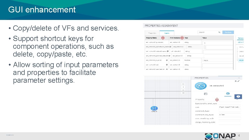 GUI enhancement • Copy/delete of VFs and services. • Support shortcut keys for component
