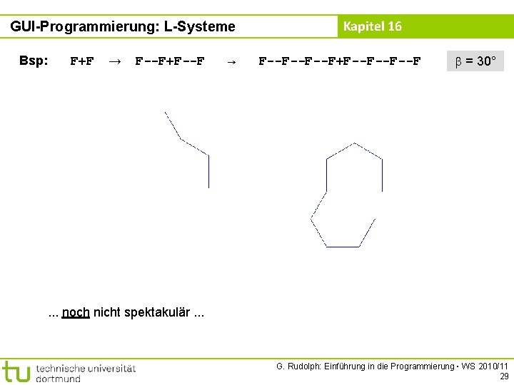 GUI-Programmierung: L-Systeme Bsp: F+F → F--F+F--F → Kapitel 16 F--F--F--F+F--F--F--F = 30° . .