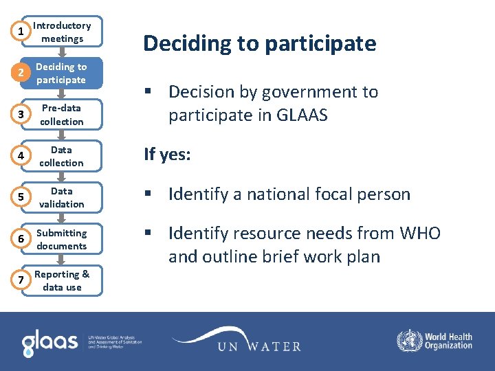 1 Introductory meetings 2 Deciding to participate 3 Pre-data collection § Decision by government