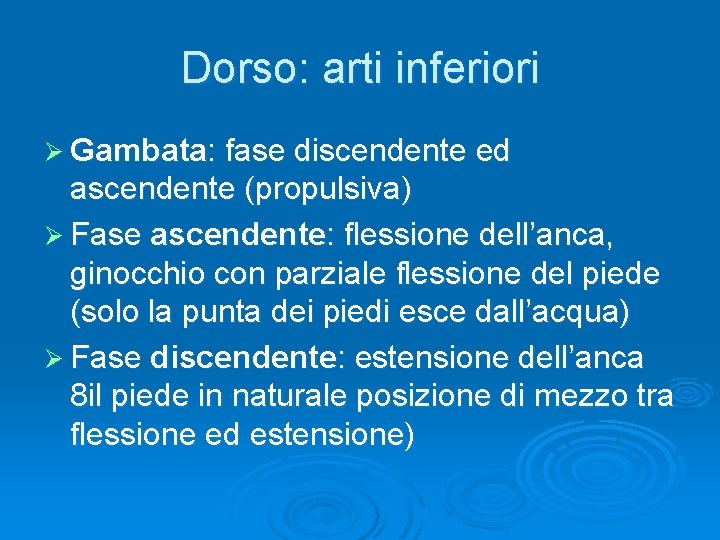 Dorso: arti inferiori Ø Gambata: fase discendente ed ascendente (propulsiva) Ø Fase ascendente: flessione