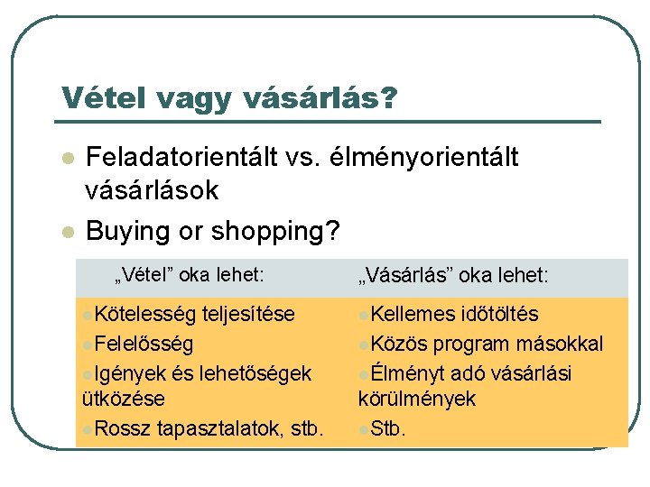 Vétel vagy vásárlás? l l Feladatorientált vs. élményorientált vásárlások Buying or shopping? „Vétel” oka