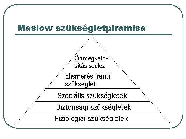 Maslow szükségletpiramisa Önmegvalósítás szüks. Elismerés iránti szükséglet Szociális szükségletek Biztonsági szükségletek Fiziológiai szükségletek 