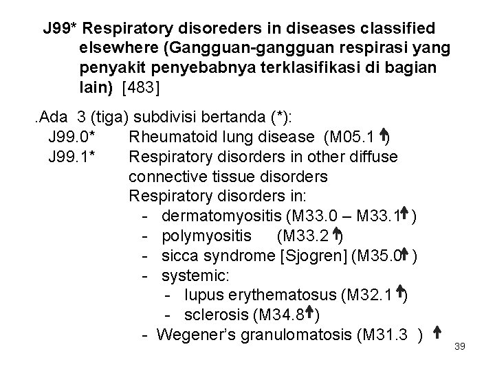 J 99* Respiratory disoreders in diseases classified elsewhere (Gangguan-gangguan respirasi yang penyakit penyebabnya terklasifikasi