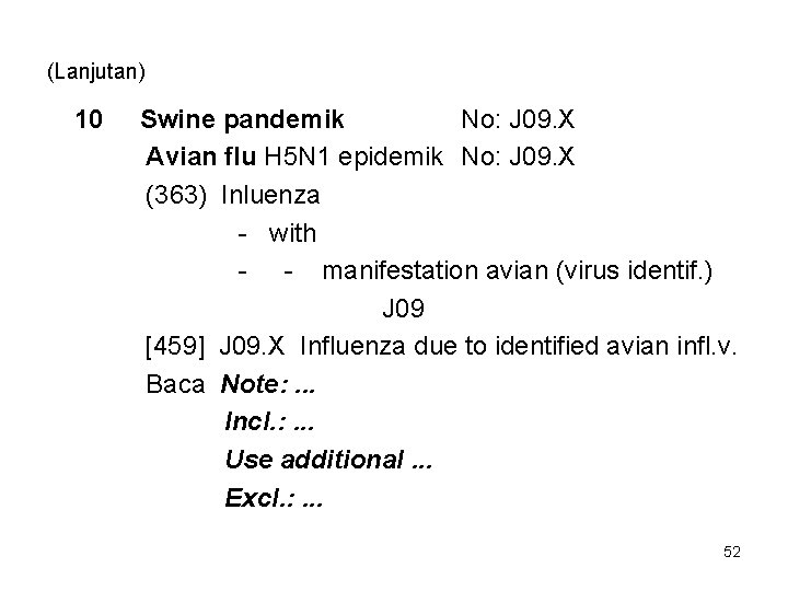 (Lanjutan) 10 Swine pandemik No: J 09. X Avian flu H 5 N 1
