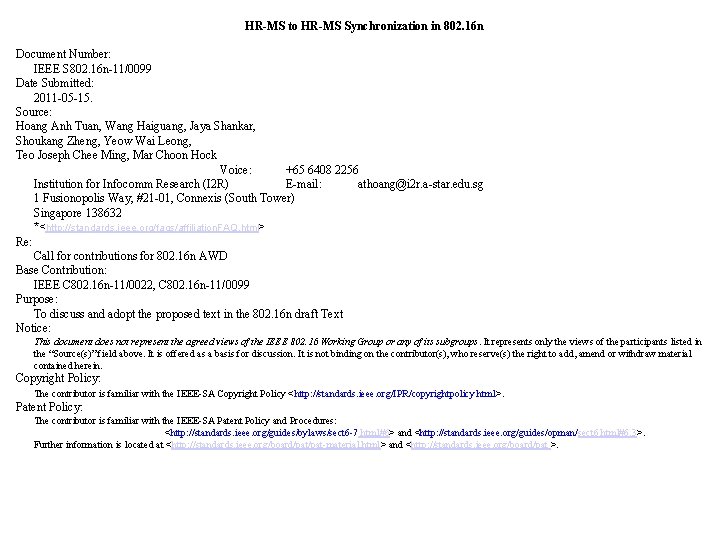 HR-MS to HR-MS Synchronization in 802. 16 n Document Number: IEEE S 802. 16