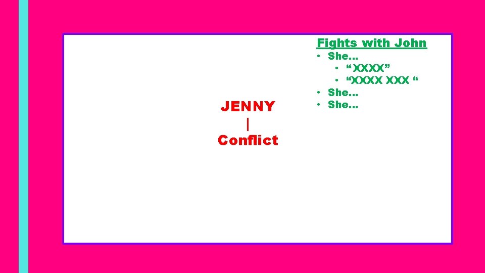 Fights with John JENNY | Conflict • She… • “ XXXX” • “XXXX “