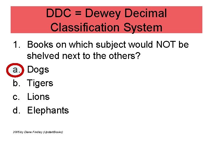 DDC = Dewey Decimal Classification System 1. Books on which subject would NOT be