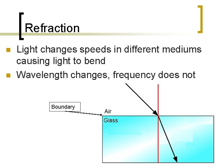 Refraction n n Light changes speeds in different mediums causing light to bend Wavelength