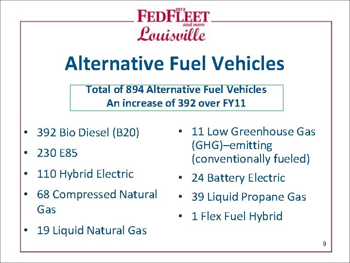 Alternative Fuel Vehicles Total of 894 Alternative Fuel Vehicles An increase of 392 over