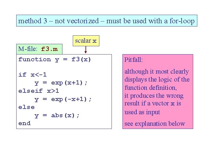 method 3 – not vectorized – must be used with a for-loop scalar x