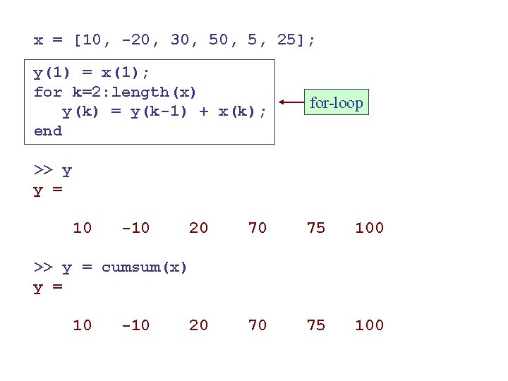 x = [10, -20, 30, 5, 25]; y(1) = x(1); for k=2: length(x) y(k)