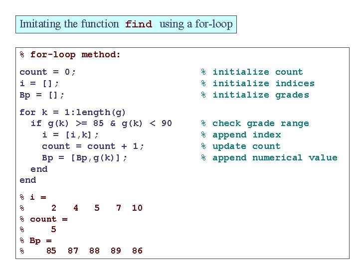 Imitating the function find using a for-loop % for-loop method: count = 0; i