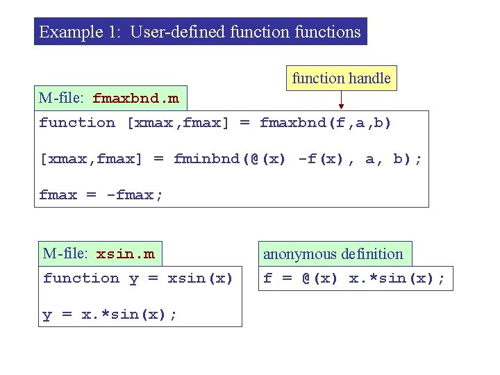 Example 1: User-defined functions function handle M-file: fmaxbnd. m function [xmax, fmax] = fmaxbnd(f,