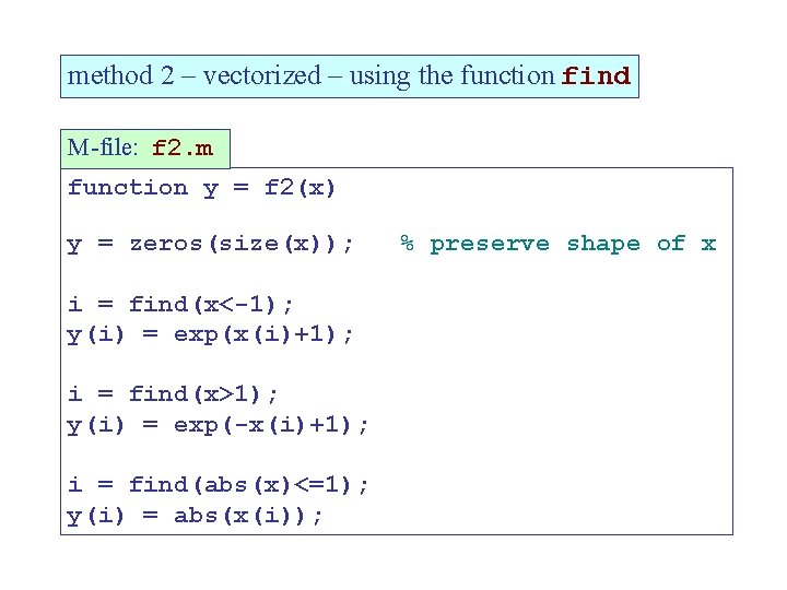 method 2 – vectorized – using the function find M-file: f 2. m function