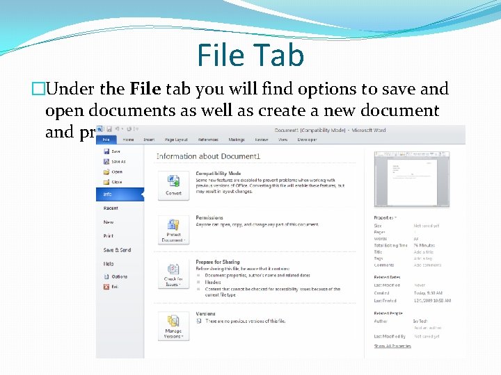 File Tab �Under the File tab you will find options to save and open