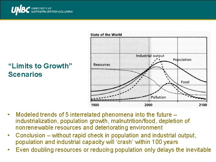 “Limits to Growth” Scenarios • Modeled trends of 5 interrelated phenomena into the future