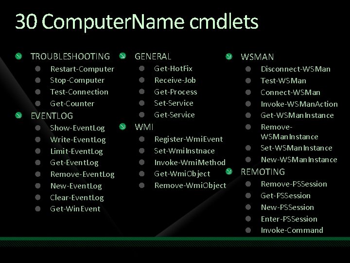 30 Computer. Name cmdlets TROUBLESHOOTING GENERAL Get-Hot. Fix Receive-Job Get-Process Set-Service Get-Service Restart-Computer Stop-Computer