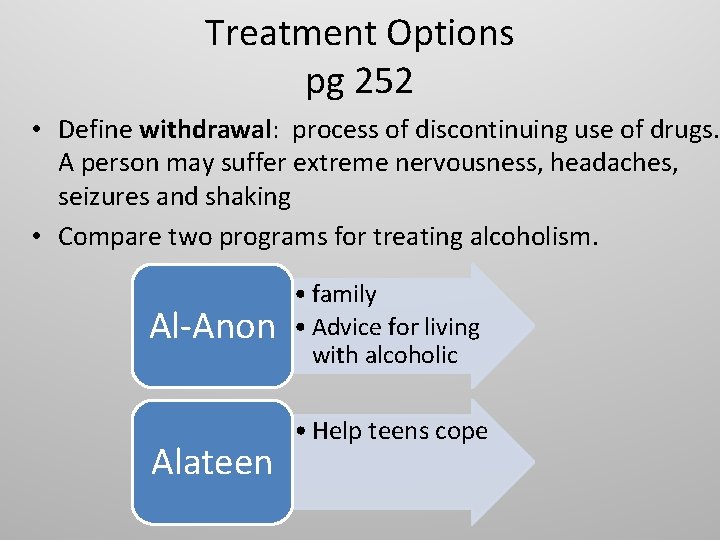 Treatment Options pg 252 • Define withdrawal: process of discontinuing use of drugs. A