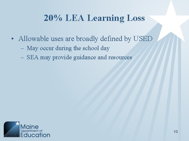 20% LEA Learning Loss • Allowable uses are broadly defined by USED – May
