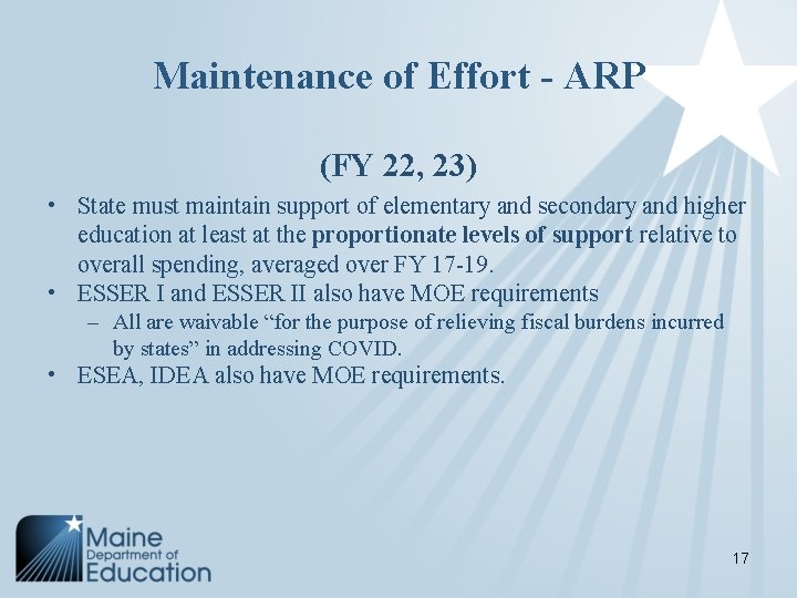 Maintenance of Effort - ARP (FY 22, 23) • State must maintain support of