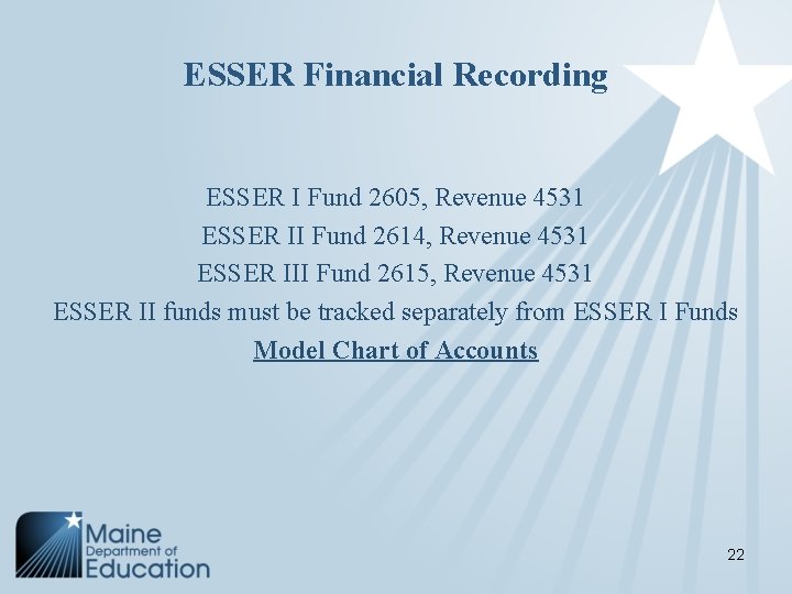 ESSER Financial Recording ESSER I Fund 2605, Revenue 4531 ESSER II Fund 2614, Revenue