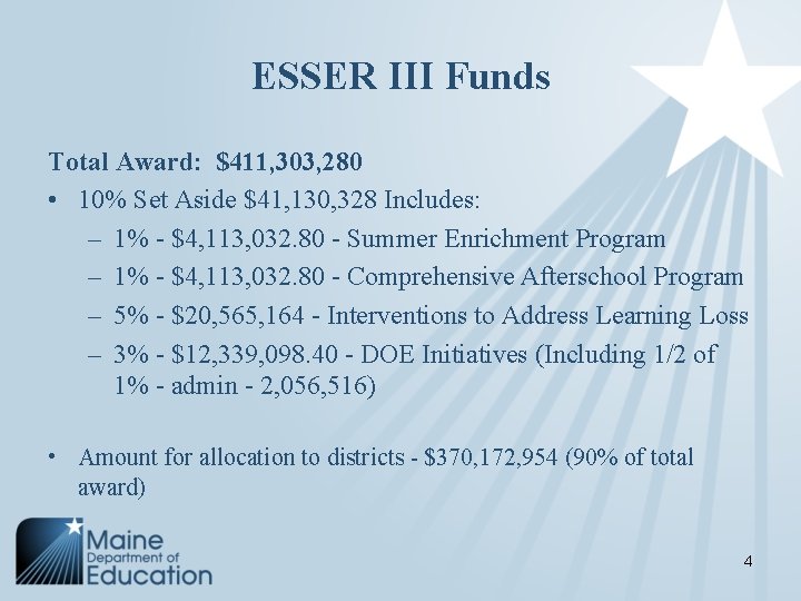 ESSER III Funds Total Award: $411, 303, 280 • 10% Set Aside $41, 130,