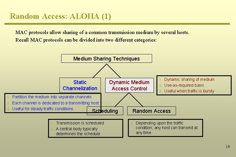 Random Access: ALOHA (1) MAC protocols allow sharing of a common transmission medium by