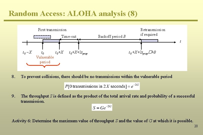 Random Access: ALOHA analysis (8) First transmission Time-out Backoff period B Retransmission if required