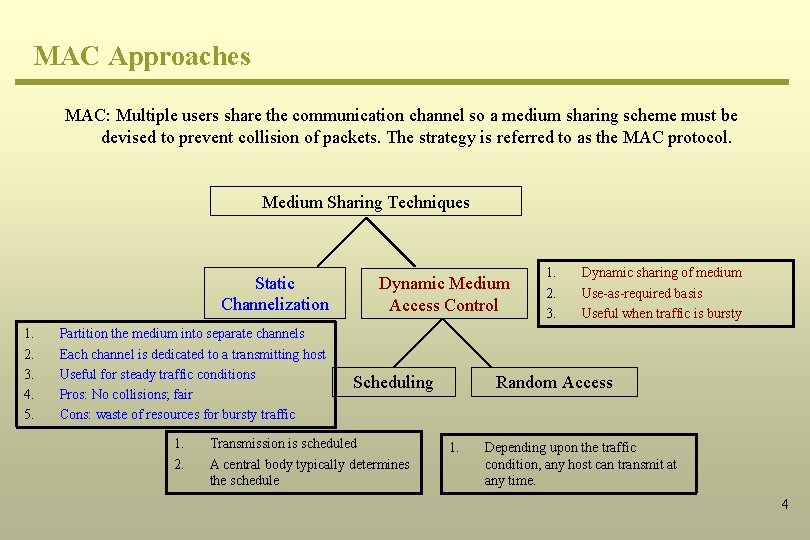 MAC Approaches MAC: Multiple users share the communication channel so a medium sharing scheme