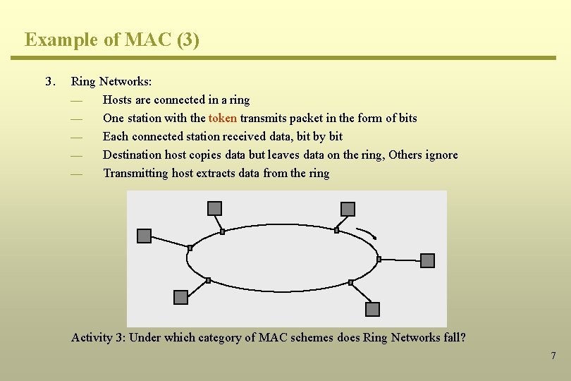 Example of MAC (3) 3. Ring Networks: ¾ Hosts are connected in a ring