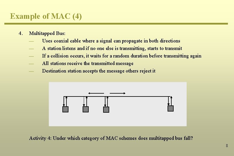 Example of MAC (4) 4. Multitapped Bus: ¾ Uses coaxial cable where a signal