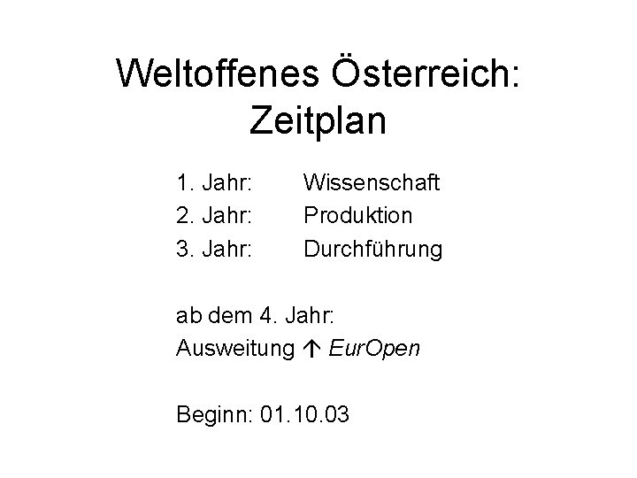 Weltoffenes Österreich: Zeitplan 1. Jahr: 2. Jahr: 3. Jahr: Wissenschaft Produktion Durchführung ab dem