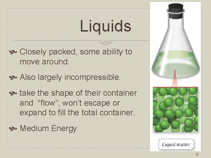 Liquids Closely packed, some ability to move around. Also largely incompressible. take the shape