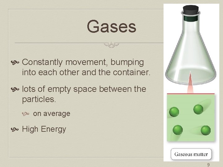 Gases Constantly movement, bumping into each other and the container. lots of empty space