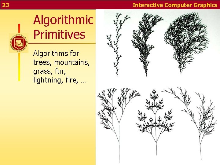 23 Interactive Computer Graphics Algorithmic Primitives Algorithms for trees, mountains, grass, fur, lightning, fire,