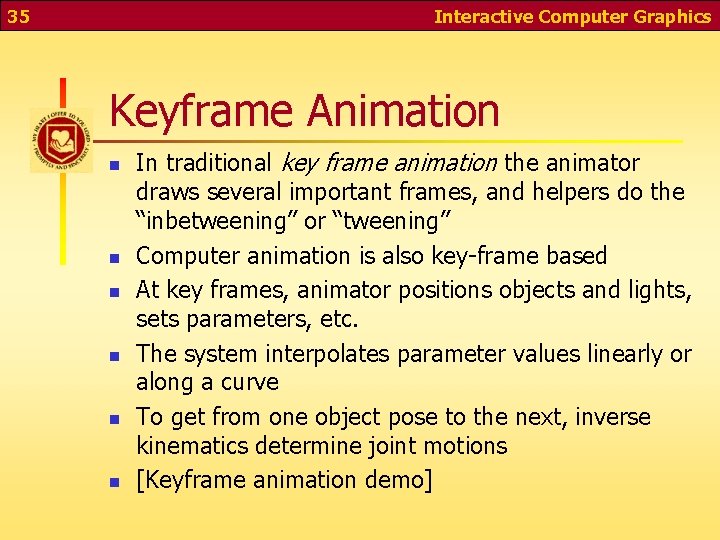 35 Interactive Computer Graphics Keyframe Animation n n n In traditional key frame animation