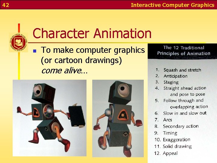 42 Interactive Computer Graphics Character Animation n To make computer graphics (or cartoon drawings)