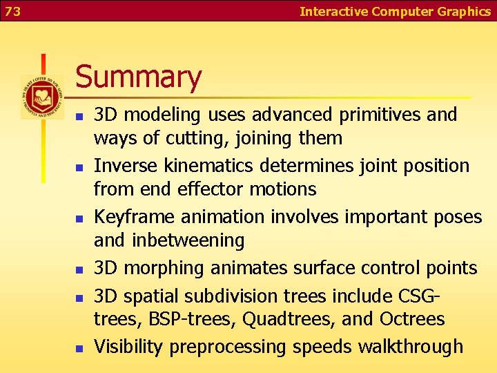 73 Interactive Computer Graphics Summary n n n 3 D modeling uses advanced primitives