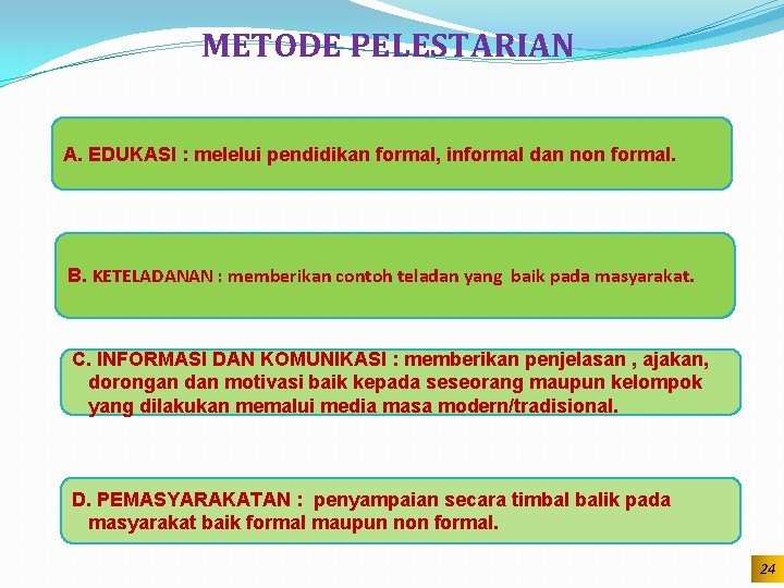 METODE PELESTARIAN A. EDUKASI : melelui pendidikan formal, informal dan non formal. B. KETELADANAN