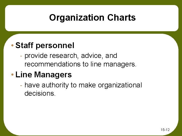 Organization Charts • Staff personnel - provide research, advice, and recommendations to line managers.